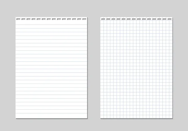 Set aus zwei realistischen Vektorillustrationen von leeren Blättern quadratischen und linierten Papiers aus einem Block isoliert auf grauem Hintergrund mit Schatten — Stockvektor