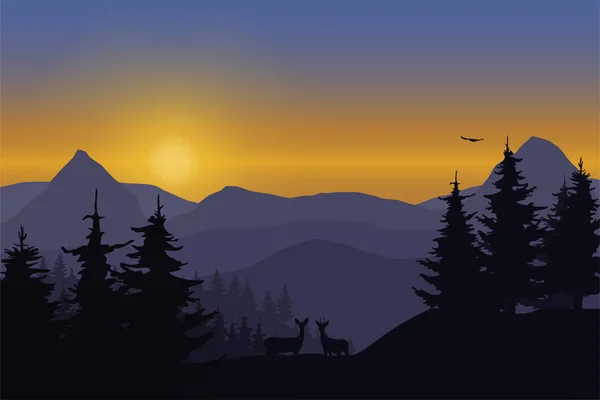 Ilustración vectorial de un paisaje montañoso con ciervos en un bosque bajo el cielo con el amanecer — Vector de stock