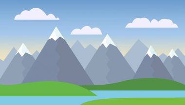 Dağ karikatür yatay, yeşil tepeler ve dağlar zirveleri karla, göl veya nehir dağlar bulutlar ve sis sis arka plan - vektör, düz ile mavi gökyüzü altında önünde altında ile