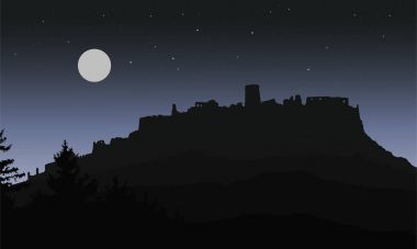 Cadılar Bayramı için katmanlar halinde - izole bir dolunay ve yıldız ile gece gökyüzünün altında bir tepe üzerinde inşa bir ortaçağ kalesi kalıntıları ediyor Spisblack gerçekçi silüeti vectorsky_hrad.eps