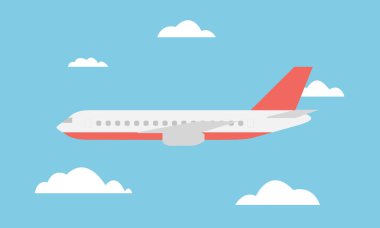 Mavi gökyüzünde bulutlar arasında uçan daha büyük ve hızlı hat uçağının görünüm - vektör