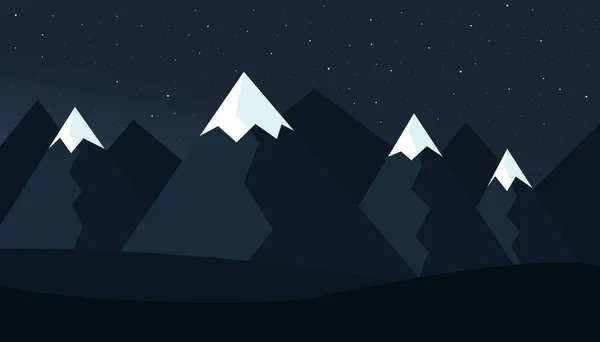 Горный мультяшный ночной пейзаж с холмами и горами с вершинами под снегом, светлая луна под темным ночным небом со звездами с туманным фоном - векторным, плоским — стоковый вектор