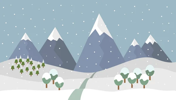 Cartoon snowy winter mountain landscape with snow and coniferous and deciduous trees and road to the mountains with snow covered peaks under the gray sky - vector illustration, flat design — Stock Vector