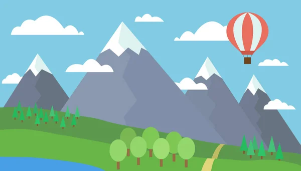 Cartone animato colorato vettoriale illustrazione di un paesaggio montano con una collina, foresta e lago su un prato erboso sotto un cielo blu con nuvole e una mongolfiera rossa — Vettoriale Stock