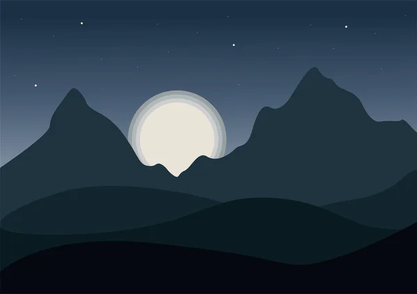 Visão noturna de uma paisagem de montanha de desenho animado com colinas ondulantes abaixo do céu azul-cinza da noite com a lua brilhante com estrelas - vetor — Vetor de Stock