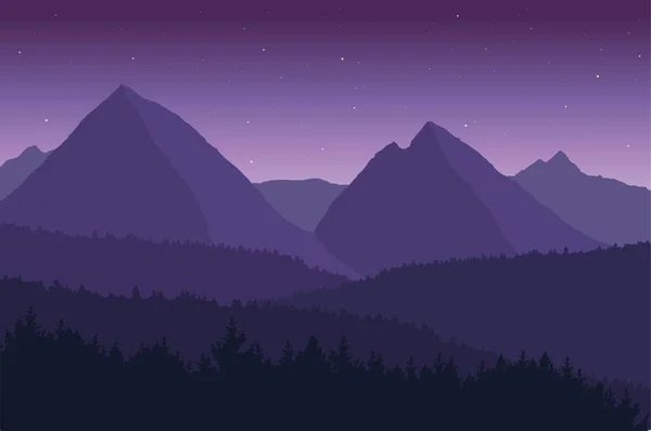 Vista del paisaje montañoso con sus bosques y colinas bajo un cielo púrpura con estrellas - vector . — Vector de stock