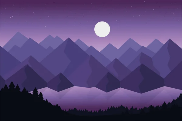 Cartoon vector illustration of mountain landscape with lake or river behind dense forests under dramatic violet sky with stars and moon with reflection on the surface — Stock Vector