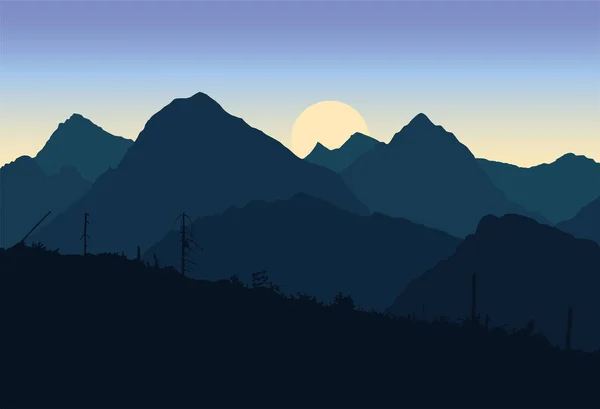 Vue des paysages montagneux dévastés après la destruction de l'apocalypse arbres sous un ciel printanier avec le soleil levant - vecteur — Image vectorielle
