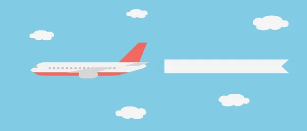 Realistische Vektorillustration eines großen und schnellen Linienflugzeugs mit einem Banner, das zwischen Wolken am blauen Himmel fliegt - geeignet für Werbung — Stockvektor