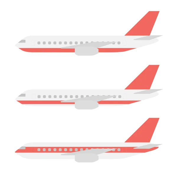 Conjunto de aviones o aviones de transporte realistas con rayas rojas, alas y motores de diseño plano - vector — Archivo Imágenes Vectoriales