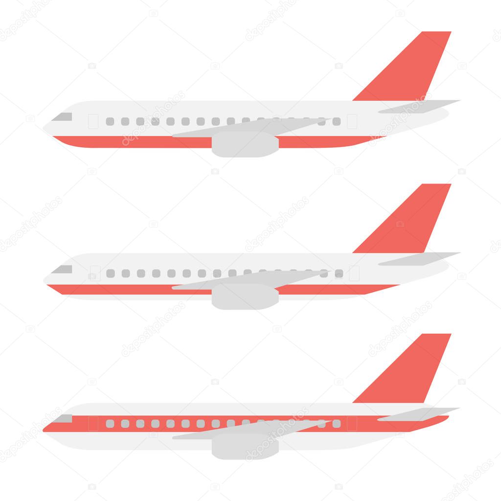 Set realistic transport aircraft or airliner with red stripes, wings and engines in flat design - vector