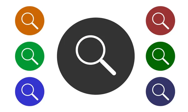 Conjunto de iconos circulares de colores, búsqueda en sitios web y foros y en la tienda electrónica con un botón y una imagen de una lupa aislada sobre fondo blanco - vector — Archivo Imágenes Vectoriales