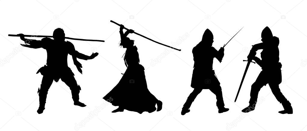 Set of silhouettes of fighters, men and women in armor with a sword and staff - vector