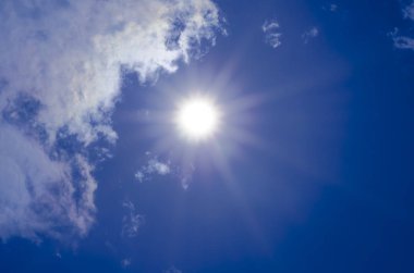 Mavi bir gökyüzü beyaz bulutlar ile parlayan bir güneş ile bir görünüm bir s