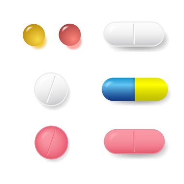 Çeşitli vektör hapları ve tabletler üzerinde beyaz backgr izole