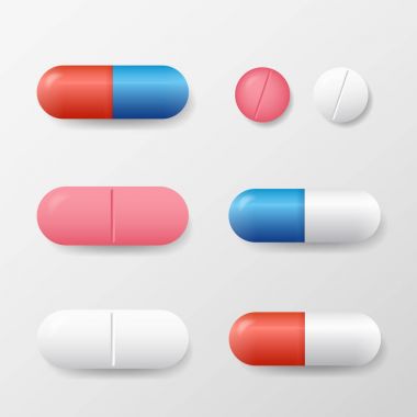 Çeşitli vektör hapları ve tabletler üzerinde beyaz backgr izole