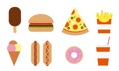 Renkli vektör kümesi üzerinde beyaz ba izole farklı fast food