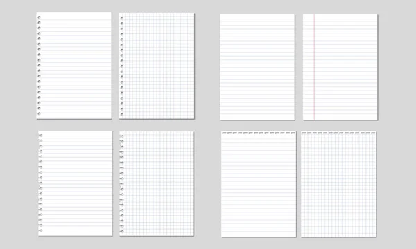 Reihe von Vektorillustrationen von Papierblättern liniert und quadratisch — Stockvektor