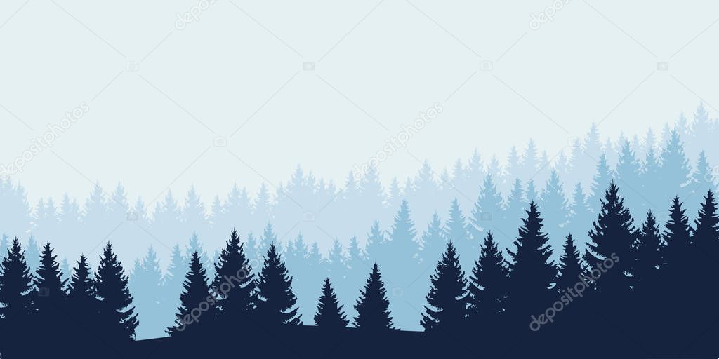 Panoramic view of landscape with blue forest under cloudy sky