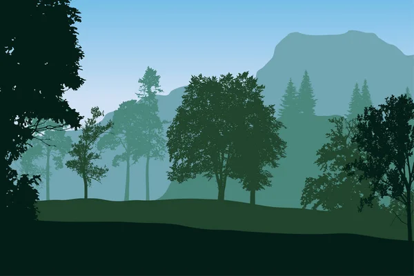 Ilustración vectorial realista del paisaje montañoso con árboles — Vector de stock