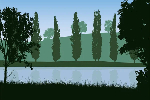 Vektorillustration der Landschaft mit Fluss und Bäumen — Stockvektor