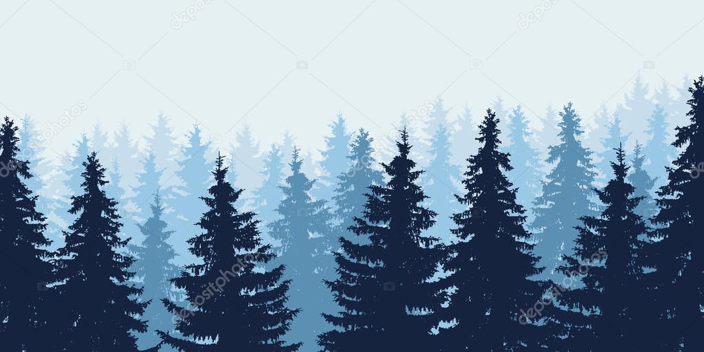 Blue realistic vector illustration of forest in winter