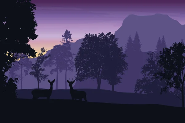 Ilustración vectorial de un paisaje de montaña con un bosque y un cielo púrpura con el sol naciente — Vector de stock