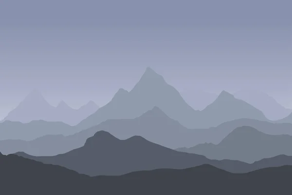 Panoramablick auf die Berglandschaft mit Nebel im Tal darunter mit dem alpenglauen Himmel und der aufgehenden Sonne - Vektor — Stockvektor