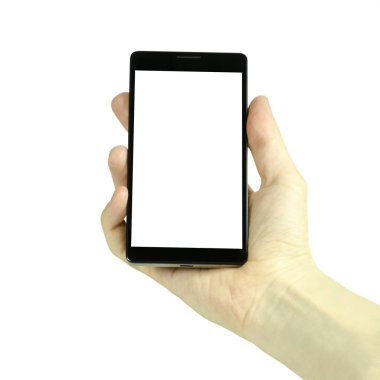 Beyaz bir arka plan üzerinde izole boş bir beyaz ekran siyah cep telefonu tutan bir erkek el portre fotoğrafı
