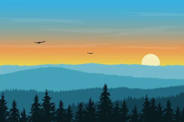 Ilustração vetorial de paisagem montanhosa com floresta em nevoeiro desfeito manhã céu laranja com sol nascente, nuvens e pássaros voadores —  Vetores de Stock