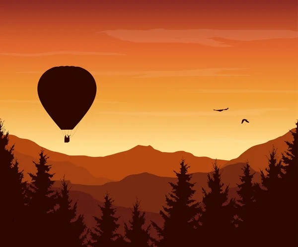 Ilustración vectorial del paisaje montañoso con bosque, globo aerostático volador y aves rapaces bajo un cielo naranja con sol naciente — Vector de stock