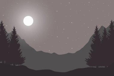 Panoramik bir gece düz vintage illüstrasyon vektör moon ile gökyüzü ve yıldızlar ile metin için yer altında bir ahşap dağ manzarası