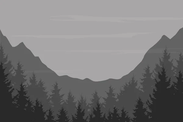 Vetor plana ilustração vintage de uma paisagem de montanha panorâmica noite com uma madeira sob o céu com nuvem e com espaço para texto — Vetor de Stock
