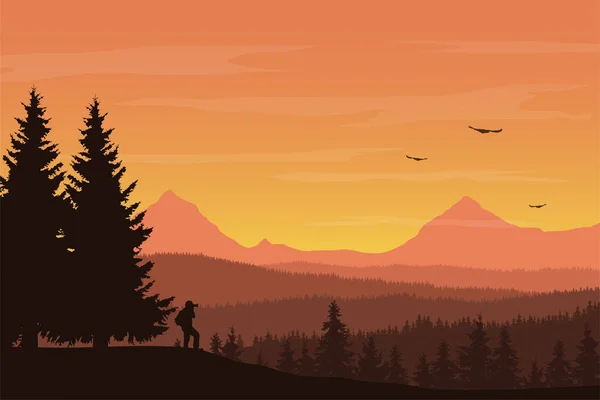 Ilustração vetorial de paisagem montanhosa com floresta e fotógrafo sob céu laranja com nuvens e pássaros voadores —  Vetores de Stock
