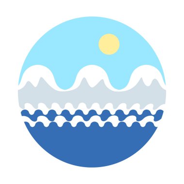 Dağlar tepeler deniz kıyısında kar ile vektör karikatür çizim ile dalgalar güneş - düz tasarım ile mavi gökyüzü altında