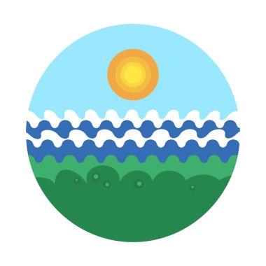 Yeşil çimenli plaj deniz kıyısında ağaçları ile vektör çizim ile dalgalar güneş - düz tasarım ile mavi gökyüzü altında