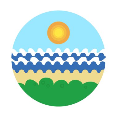 Çim ve ağaçların deniz kıyısında kumlu bir plaj vektör çizim ile dalgalar güneş - düz tasarım ile mavi gökyüzü altında