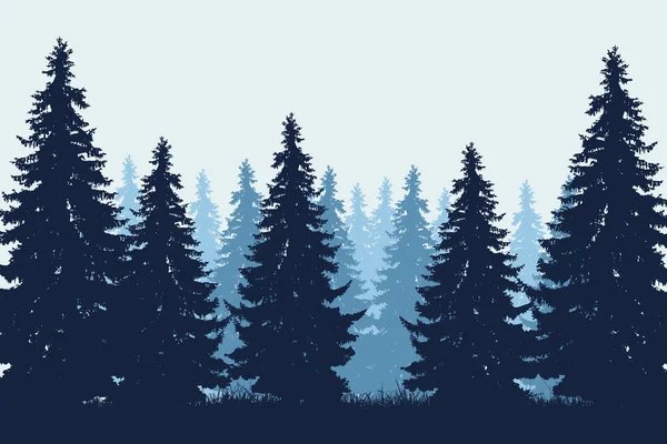 Sis ile kış mavi gökyüzü altında çim ile iğne yapraklı orman vektör gerçekçi çizim