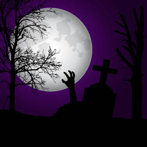 お化け墓地墓石と手のゾンビ、クロス月と劇的な空の下葉のない木とのベクトルのリアルなイラスト — ストックベクタ