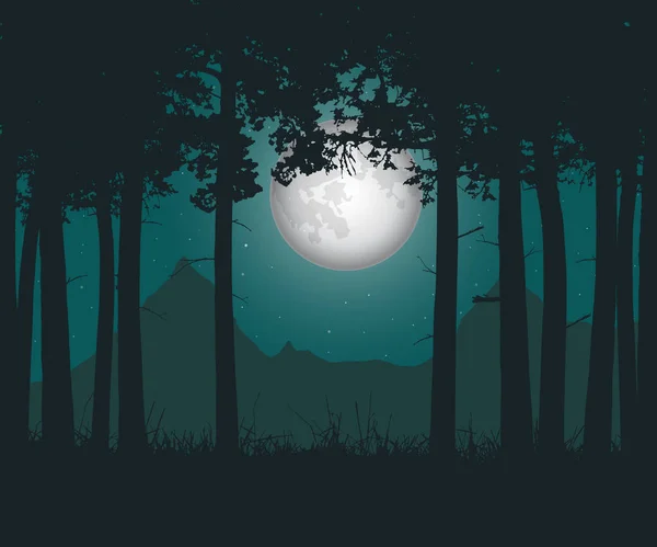 矢量图的挥之不去林下绿色的夜空，月亮和星星草 — 图库矢量图片