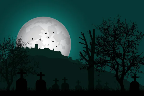 Ilustração vetorial de um cemitério com lápides e árvores na frente de um castelo assombrado em uma colina sob um céu noturno verde com lua brilhante e morcegos voadores — Vetor de Stock