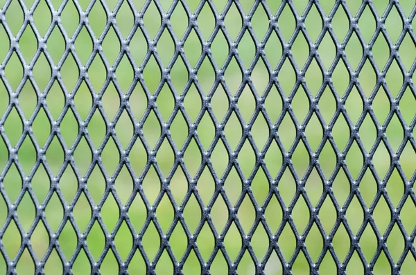 Närbild foto av en struktur av järn mesh med grön gräsmatta i bakgrunden — Stockfoto