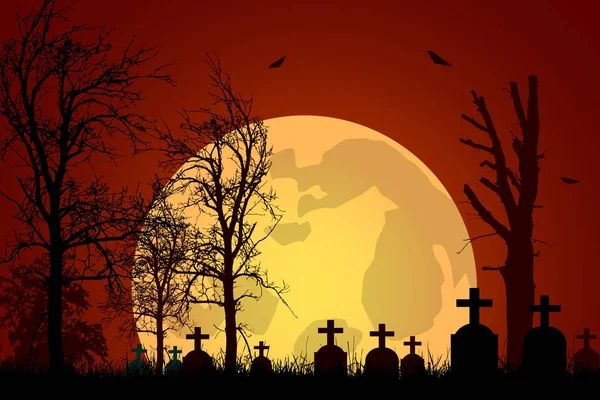 Vector illustration of a graveyard with tombstones and trees under a haunted red sky with a big moon and flying bats — Stock Vector