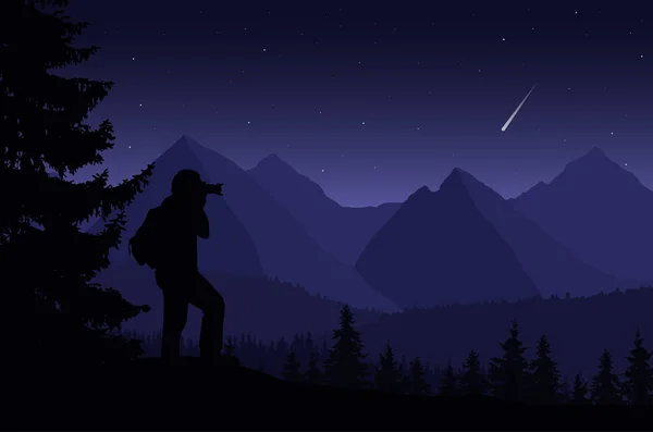 Illustration vectorielle d'un paysage de montagne avec des arbres et un bourdonnement — Image vectorielle