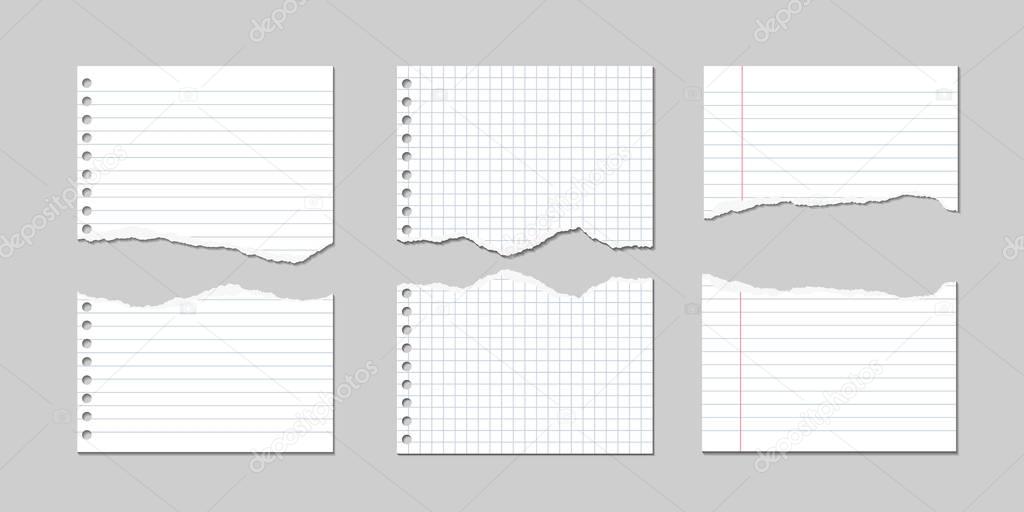 Set of Vector Illustrations of torn pages of notebook paper lined and square with shadows