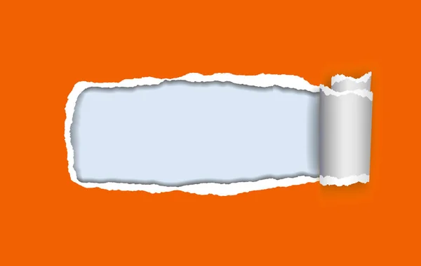 Vektor realistische Darstellung von orangefarbenem Papier mit gerolltem Rand auf blauem Hintergrund mit Textrahmen — Stockvektor