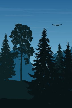 Kış manzara dağlar, orman ve bulutlar ile mavi gökyüzü altında uçan kartal ile dikey vektör çizim