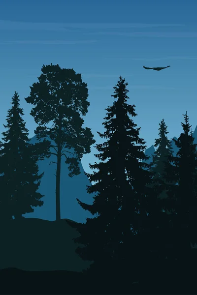 Vertikale Vektorillustration der Winterlandschaft mit Bergen, Wald und fliegendem Adler unter blauem Himmel mit Wolken — Stockvektor