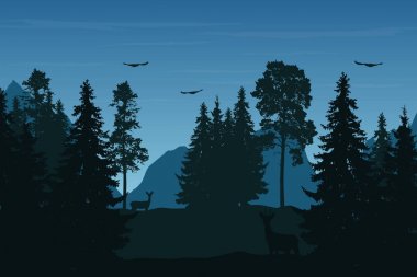 Dağ manzarası ile orman, geyik ve kuşlar bulutlar ile mavi gökyüzü altında vektör çizim