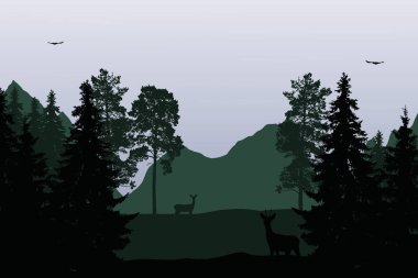 Dağ manzarası ile orman, geyik ve bulutlu gri gökyüzü altında kuş vektör çizim